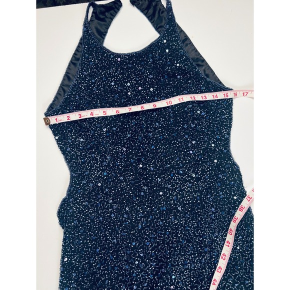 Vintage SCALA Beaded Halter Neck Evening Gown Blue 100% Silk Formal Dress Medium - Picture 9 of 17